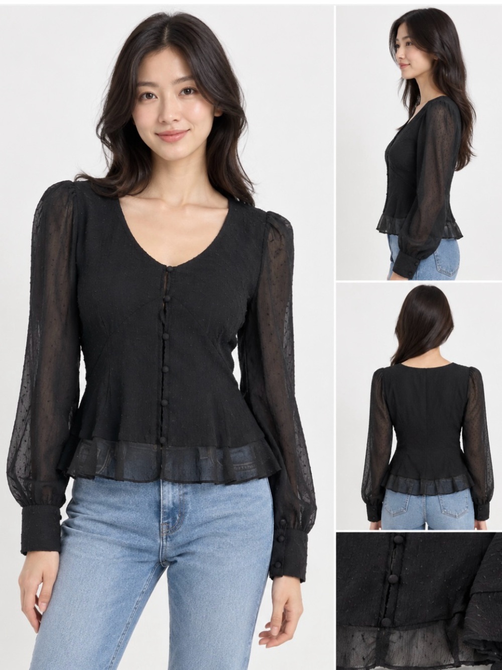 Nine West Black Puff-Sleeve Button-Front Blouse